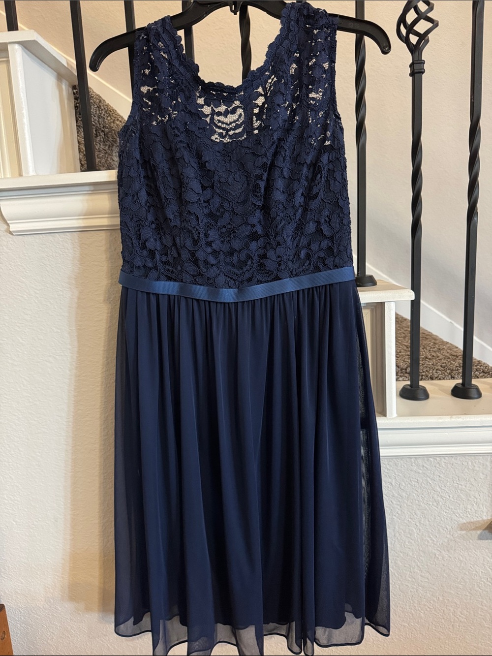 David's Bridal Navy Lace A-Line Chiffon Dress